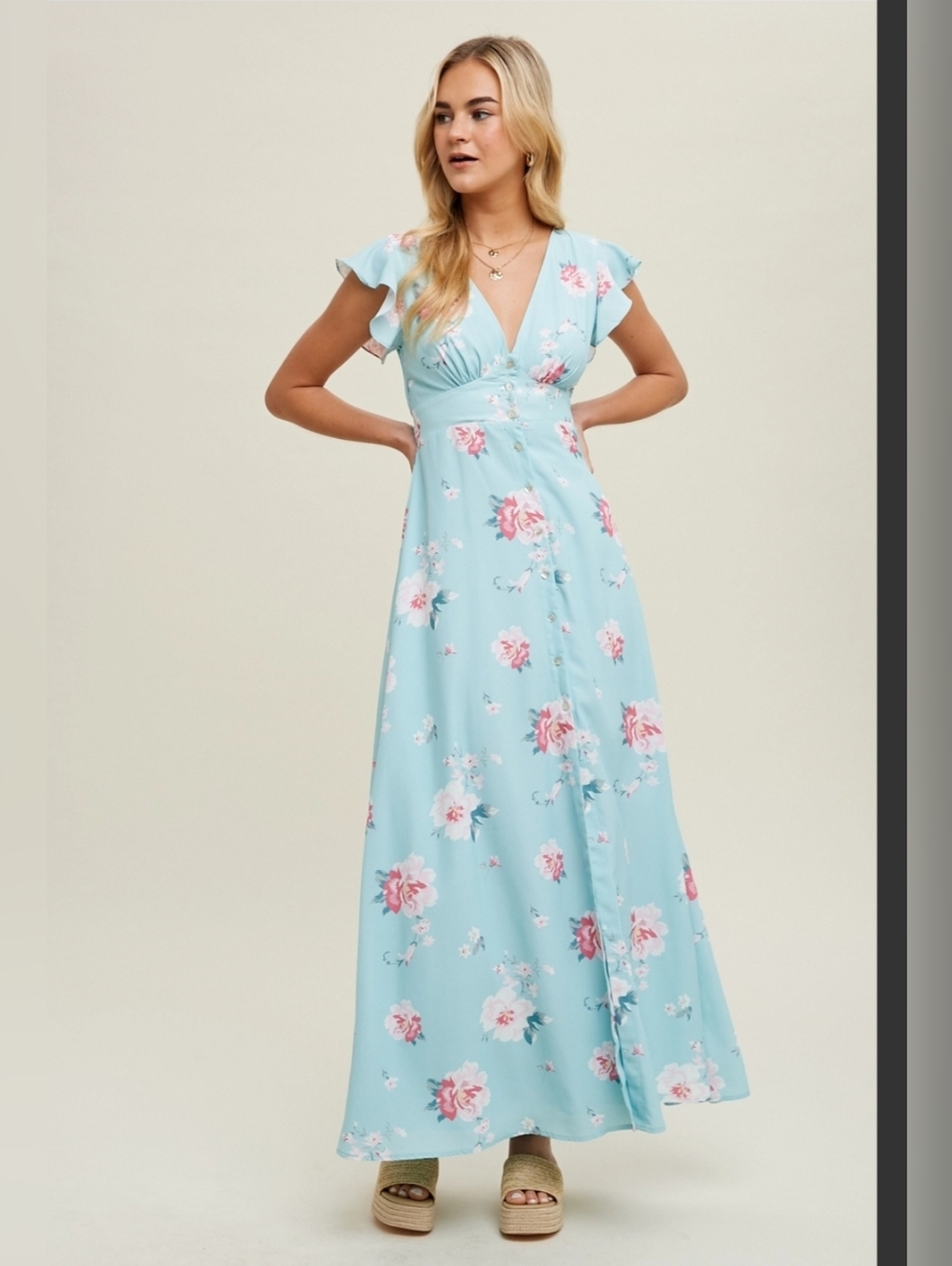 Wishlist Apparel Love Blooms Maxi Dress Floral Sz L Smocked Back Lined